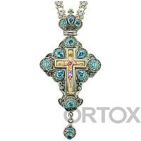 Крест наперсный серебряный, с цепью, голубые фианиты, высота 13 см