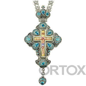 Крест наперсный серебряный с цепью и финифтевым образом, голубые фианиты, высота 13 см (чернение)