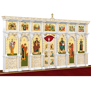 Иконостас "Владимирский" двухъярусный белый с золотом (патина), 690х348х40 см №2 (сосна)