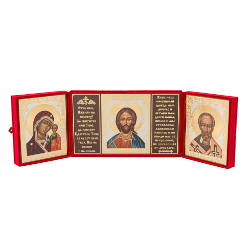 Складень с ликами Спасителя, Божией Матери "Казанская" и святителя Николая Чудотворца, 28х16,5 см, бархат фото 2 Складень с ликами Спасителя, Божией Матери "Казанская" и святителя Николая Чудотворца, 28х16,5 см, бархат фото 2
