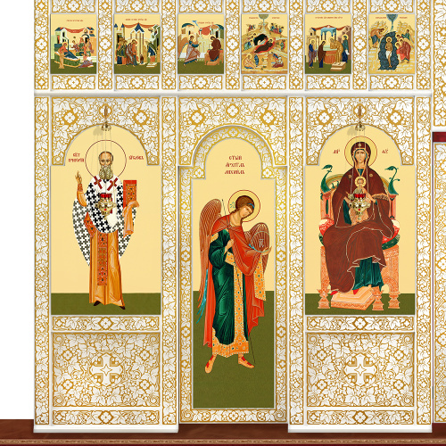 Иконостас деревянный "Суздальский" четырехъярусный белый с золотом (патина), 608х637х25,4 см фото 4 Иконостас деревянный "Суздальский" четырехъярусный белый с золотом (патина), 608х637х25,4 см фото 4