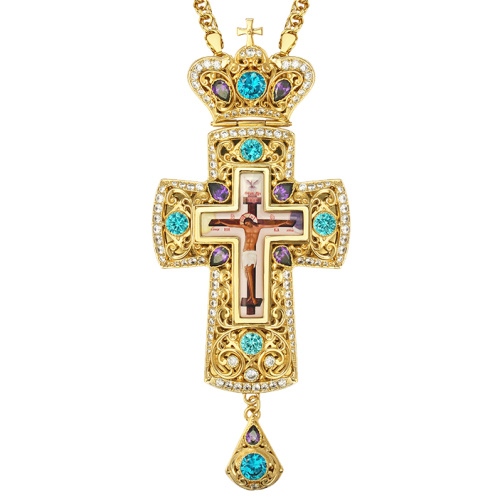 Крест наперсный из ювелирного сплава в позолоте с цепью, фианиты, 7,5х17 см фото 4