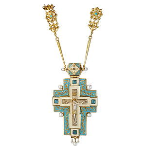 Крест наперсный серебряный, с цепью, с позолотой и эмалью, голубые фианиты (вес 190 г)