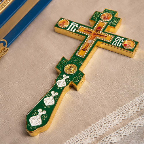 Крест напрестольный, цинковый сплав, зеленая эмаль, камни, 14,5х26 см фото 5