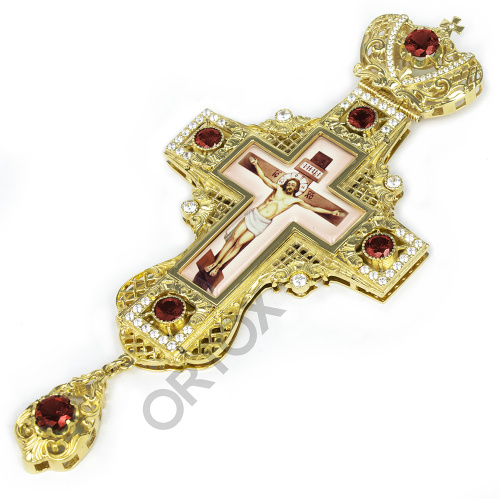 Крест наперсный латунный с позолотой и фианитами, 8,5х18 см фото 6