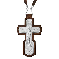 Крест наперсный латунный на дереве в серебрении с цепью, высота 9,5 см