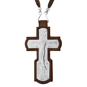 Крест наперсный латунный на дереве в серебрении с цепью, высота 9,5 см (вес 64 г)