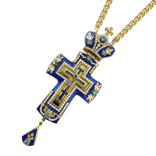Крест наперсный латунный в позолоте с цепью, с эмалью и фианитами, 6х15 см фото 3