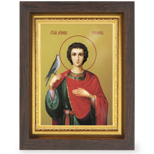 Икона мученика Трифона Апамейского, Никейского, в узком багете, цвет "темный дуб", на холсте, с золочением фото 2