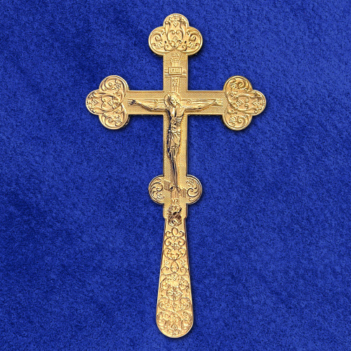 Крест напрестольный / требный из ювелирного сплава в позолоте, высота 20 см фото 4 Крест напрестольный / требный из ювелирного сплава в позолоте, высота 20 см фото 4
