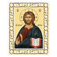 Икона Спасителя "Господь Вседержитель" в резной рамке, цвет "белый с золотом" (патина), ширина рамки 7 см