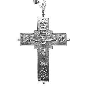 Крест-мощевик наперсный латунный в серебрении с цепью, 6,5х9 см (ср. вес 109 г)