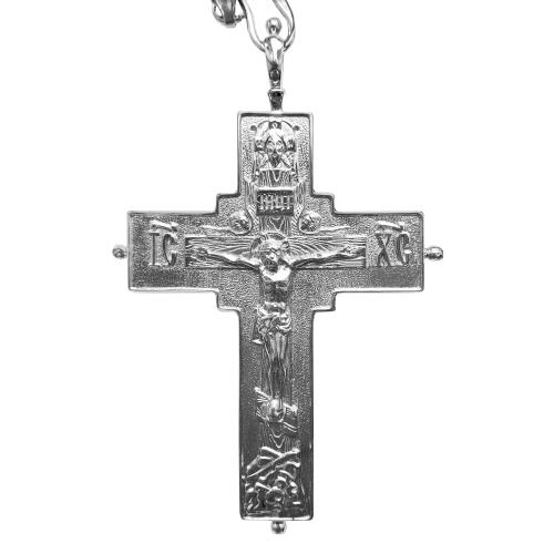 Крест-мощевик наперсный латунный в серебрении с цепью, 6,5х9 см