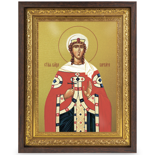 Икона великомученицы Варвары Илиопольской, в широком багете, цвет "темный дуб", на холсте, с золочением №2 фото 2