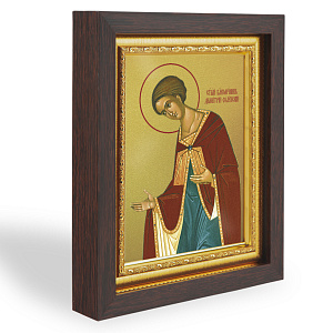 Икона великомученика Димитрия Солунского, в узком багете, цвет "темный дуб", на холсте, с золочением (14,3х17,4 см (под икону А7))