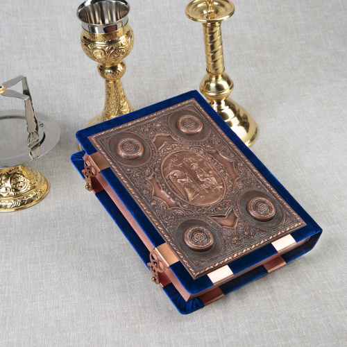 Евангелие напрестольное синее, оклад "под бронзу", бархат, 24х31 см фото 4