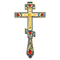 Крест напрестольный / требный, цинковый сплав, синяя эмаль, красные камни, 14,5х26 см, У 55-0022