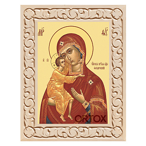 Икона Божией Матери "Феодоровская" в резной рамке, цвет "натуральное дерево", ширина рамки 7 см (14,8х21 см (А5))
