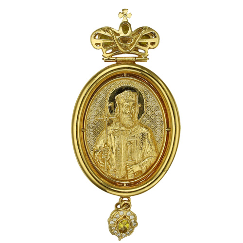 Панагия двухсторонняя из ювелирного сплава в позолоте с цепью, фианиты, высота 14 см фото 2