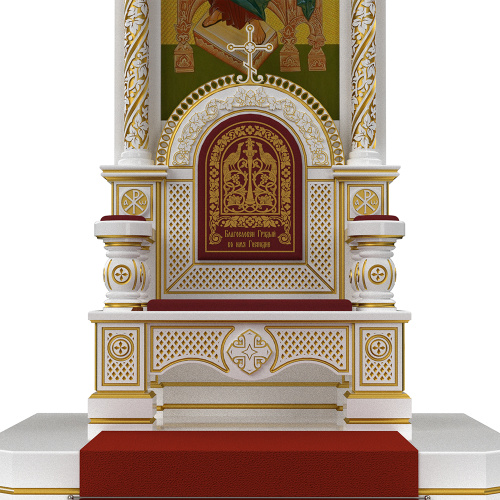 Архиерейский трон с сенью "Романовский" белый с золотом (патина), 113х89х351 см фото 5