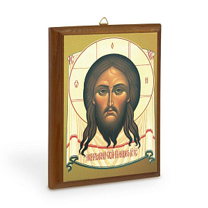 Икона Спасителя "Нерукотворный образ" на деревянной основе, цвет "кипарис", на холсте с золочением (12х16,5 см (под икону А6))
