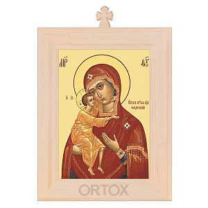 Икона Божией Матери "Феодоровская" в рамке с крестом, цвет "натуральное дерево" (7,4х10,5 см (А7))