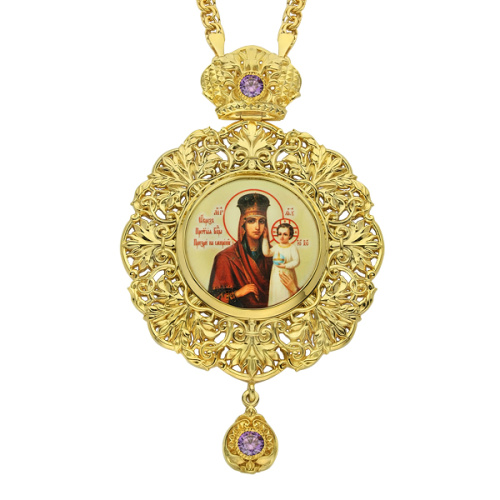 Панагия из ювелирного сплава в позолоте с цепью, белые фианиты, высота 14 см фото 2 Панагия из ювелирного сплава в позолоте с цепью, белые фианиты, высота 14 см фото 2