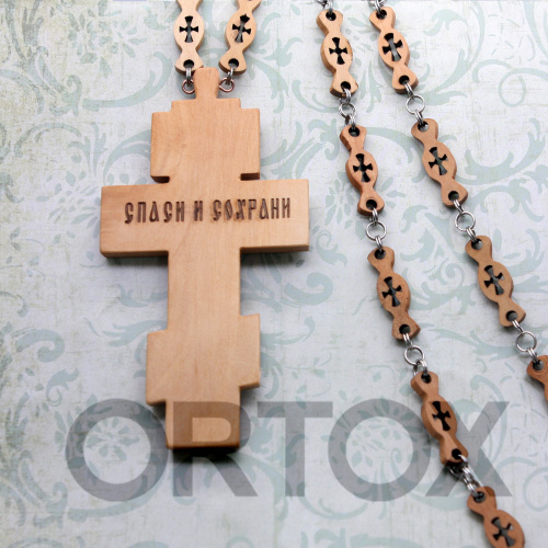 Крест наперсный деревянный резной с цепью, 6,5х12 см, светлый фото 3