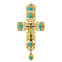 Крест наперсный латунный с украшениями, 8х17 см, бирюзовые камни