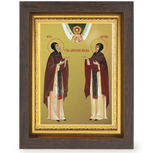 Икона благоверных князей Петра и Февронии Муромских, в узком багете, цвет "темный дуб", на холсте, с золочением фото 2