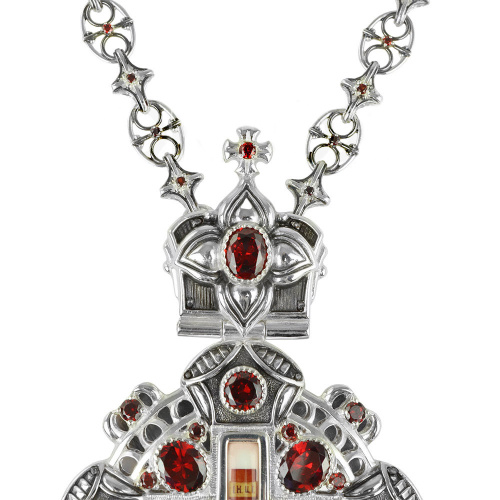 Крест наперсный серебряный, с цепью, красные фианиты, высота 15 см фото 4