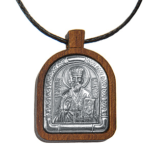 Образок деревянный с ликом святителя Николая Чудотворца из мельхиора в серебрении, 1,7х2,6 см (средний вес 3 г)
