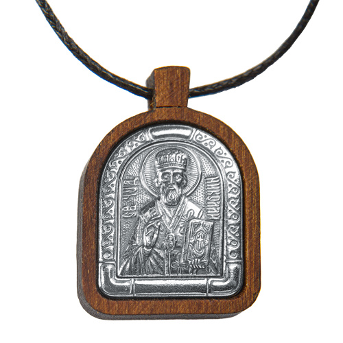 Образок деревянный с ликом святителя Николая Чудотворца из мельхиора в серебрении, 1,7х2,6 см