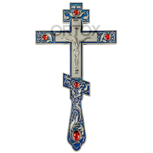 Крест напрестольный латунный синий, 14х26 см, красные камни, У-0121