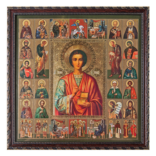 Икона великомученика и целителя Пантелеимона, 25х25 см, багетная рамка, подарочная упаковка