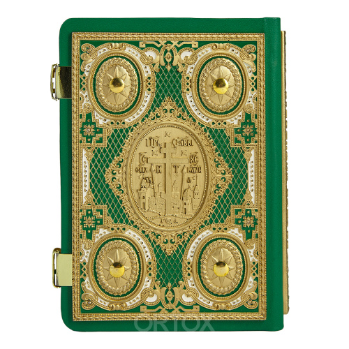 Евангелие требное среднее зеленое, оклад "под золото", кожа, эмаль, 17х22 см фото 3