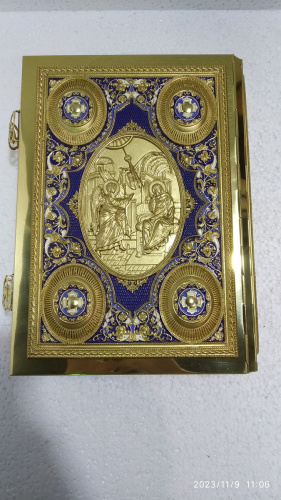 Евангелие напрестольное синее, полный оклад "под золото", 24х31 см, У-0909 фото 4