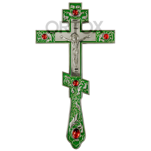 Крест напрестольный латунный, 14х26 см, зеленая эмаль, красные камни, У-0406