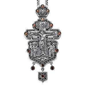Крест наперсный серебряный, с цепью, фианиты, патинирование, высота 15 см (вес 230,5 г)