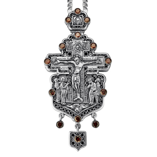 Крест наперсный серебряный, с цепью, фианиты, патинирование, высота 15 см