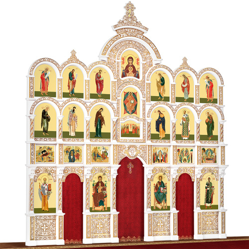 Иконостас деревянный резной "Владимирский" четырехъярусный белый с золотом (патина), 690х730х45 см фото 3 Иконостас деревянный резной "Владимирский" четырехъярусный белый с золотом (патина), 690х730х45 см фото 3