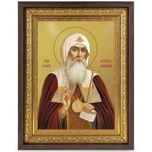 Икона священномученика Ермогена, Патриарха Московского и всея Руси, в широком багете, цвет "темный дуб", на холсте, с золочением фото 2
