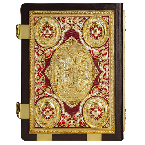 Евангелие напрестольное коричневое, оклад "под золото", кожа, 24х31 см фото 3