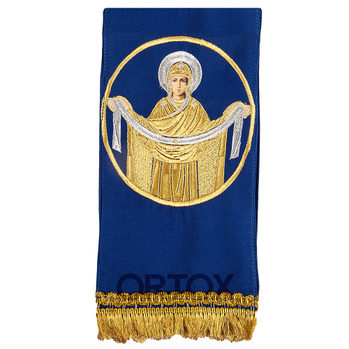 Закладка для Евангелия вышитая синяя с иконой "Покров Пресвятой Богородицы", 150х13 см, габардин фото 2