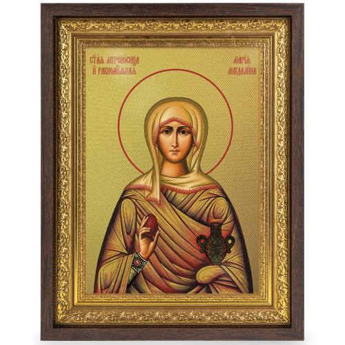 Икона равноапостольной Марии Магдалины, в широком багете, цвет "темный дуб", на холсте, с золочением фото 2