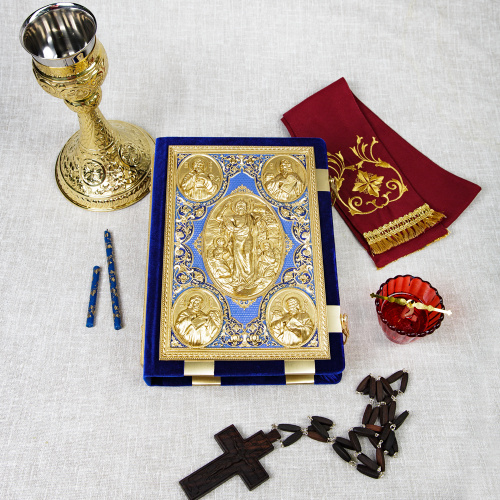 Евангелие напрестольное синее, оклад "под золото", бархат, эмаль, 24х31 см фото 2