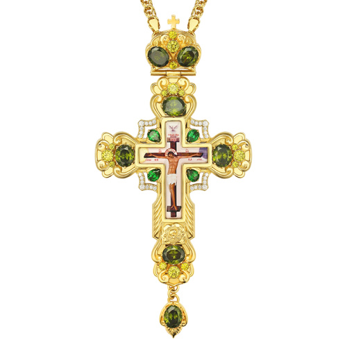 Крест наперсный из ювелирного сплава в позолоте с цепью, фианиты, 8,5х17 см фото 4