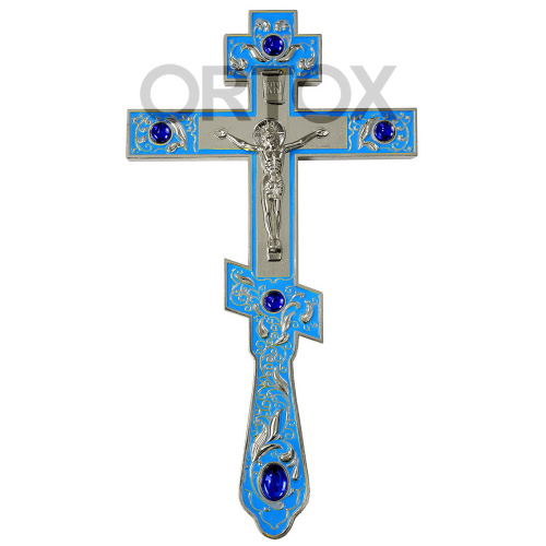 Крест напрестольный латунный голубой, 14х26 см, синие камни фото 5