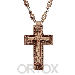 Крест наперсный деревянный резной с цепью, 7х12 см (натуральное масло, воск)