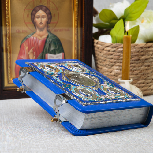 Евангелие требное среднее синее, оклад "под серебро", кожа, эмаль, 17х22 см фото 7